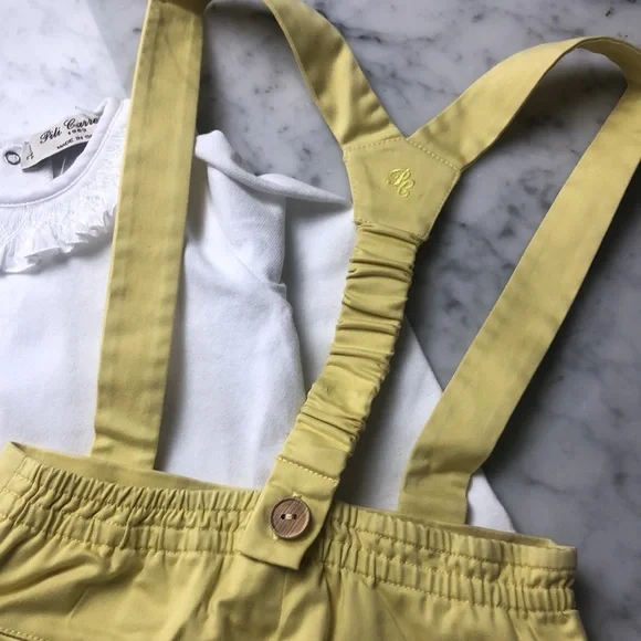 Pili Carrera SET Yellow Suspender Shorts with White Top size 12M